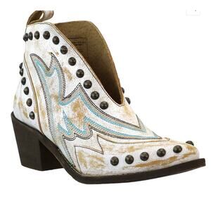 Circle G Studded Embroidered Pull On Cowboy Bootie PT White Leather Size 5 NIB